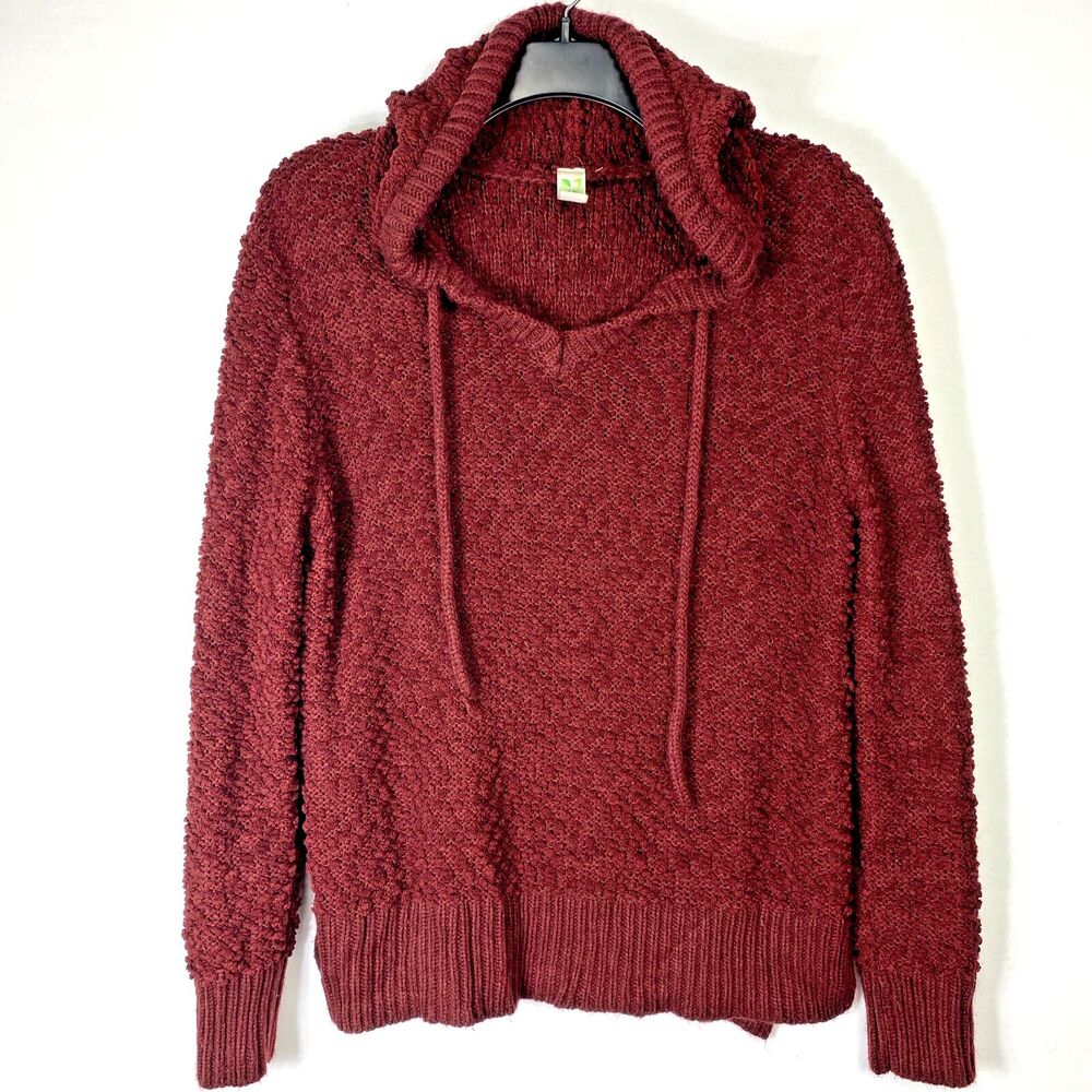 Green Tea Womens Knitted Hoodie Sweater Burgundy Red Size Medium Popcorn Knit